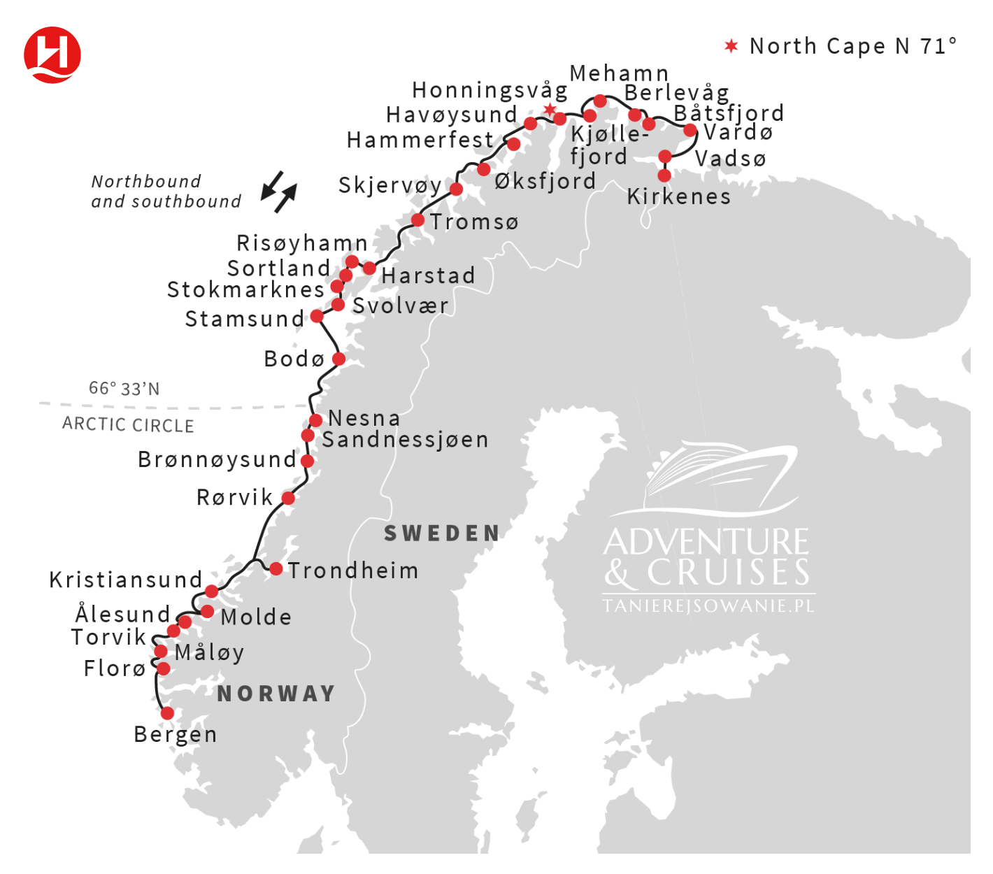 Trasa rejsu po Fiordach Norweskich